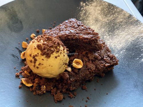 Vegan chocolate orange brownie with vegan salted caramel ice cream  at Freddie's Bar in Shipley