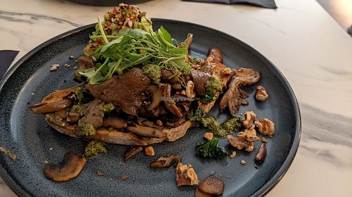 Wild mushroom on sourdough with walnut - rocket pesto at Journey Social Kitchen in Lancaster