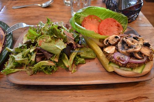 Mushroom Burger -  With sautéed mushrooms & caramelized red onions . at Julia's Vegetarian Restaurant in Pacific Grove