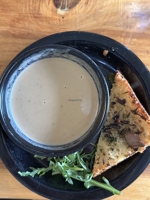 Chanterelle soup with chanterelle butter toastt  at Julia's Vegetarian Restaurant in Pacific Grove