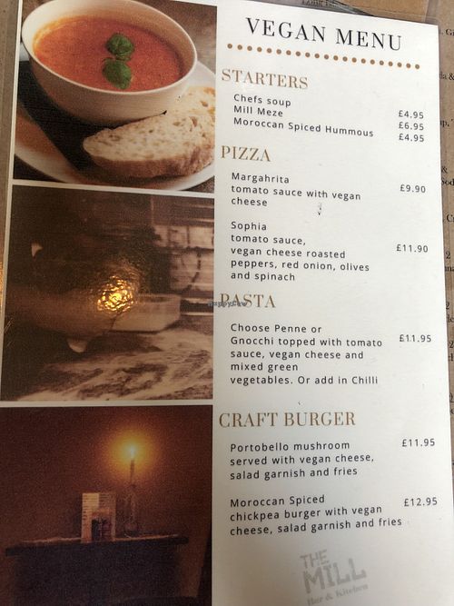 Vegan menu at The Mill Bar and Kitchen in Halifax