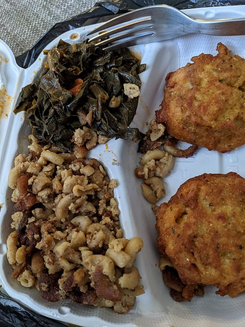 Crab cake combo with collards, Mac & cheese at The Land of Kush in Baltimore