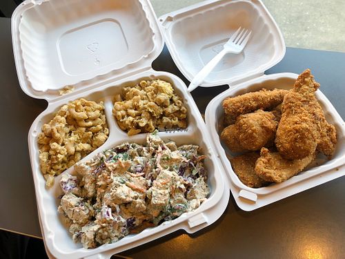 Mac and cheese, drummies and chick’n salad  at The Land of Kush in Baltimore