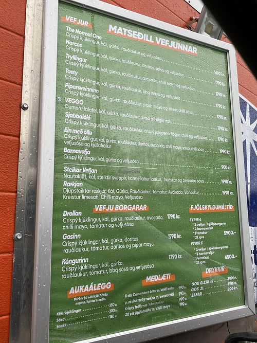 Menu at Vefjan in Selfoss