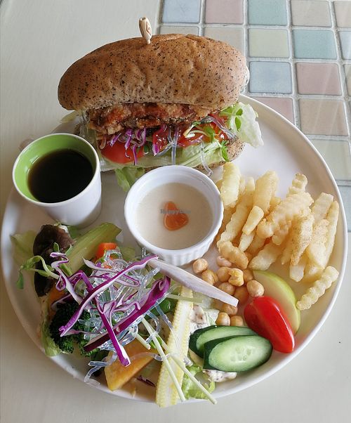 Teriyaki vegan fish burger with salad and fries at Shū Shānghào - 蔬商號 in Hualien