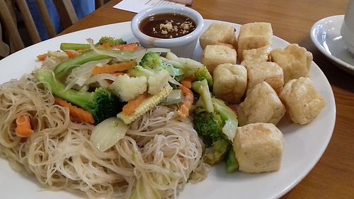 One of the tofu dishes with noodles & veg at Pumpernickel Coffee Shop in Dumfries