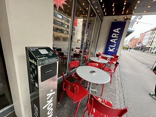 seating & cup recycling at Klara Food Court in Basel