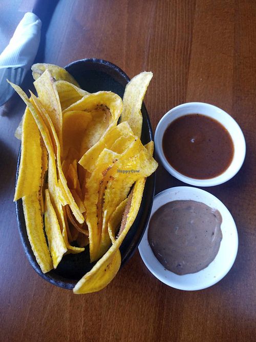 Plantain Chips with the default sauce and another vegan sauce, who's name I forget. at Baobab Fare in Detroit