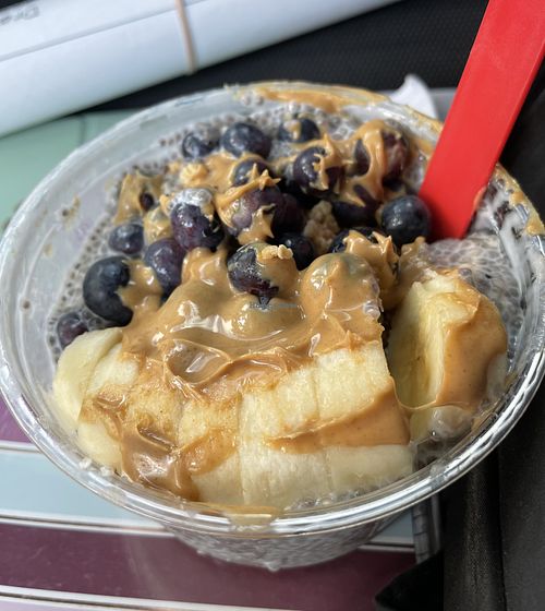 Chia Bowl with banana, blueberries, granola, and peanut butter  at Peach Pit in Boca Raton