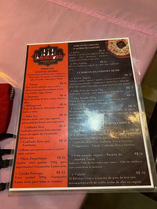 Menu at Lamirah in Cavalcante
