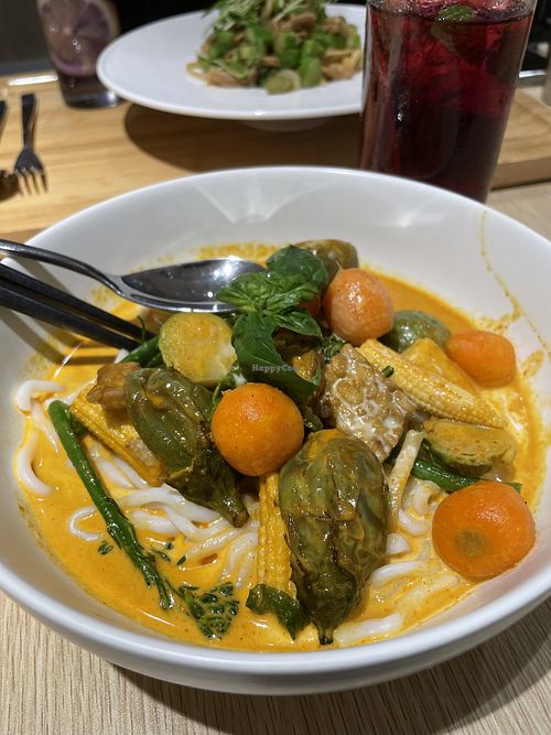 Red curry tempeh veg konjac noodle dish! at Root Vegan - 本原純素 in Hong Kong Island