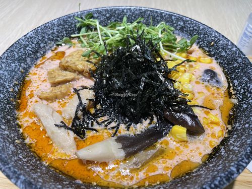 Soymilk miso “chicken” ramen with Heura chicken.c tempeh, corn, mushrooms, seaweed😄 at Root Vegan - 本原純素 in Hong Kong Island