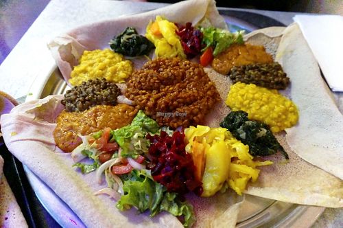 Mesob for 2 people (Vegan plate) at Little Ethiopia in Geneva