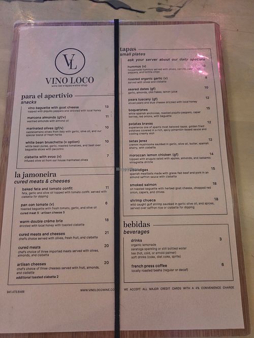Menu Jan 2026 at Vino Loco Wine and Tapas Bar in Englewood