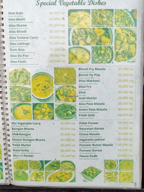 Vegetarian dishes. Ask for dairy and ghee to be omitted at Nazim in Vientiane
