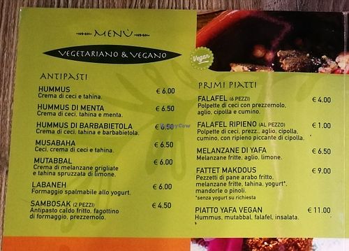 Menu part 1 at Yafa in Ferrara