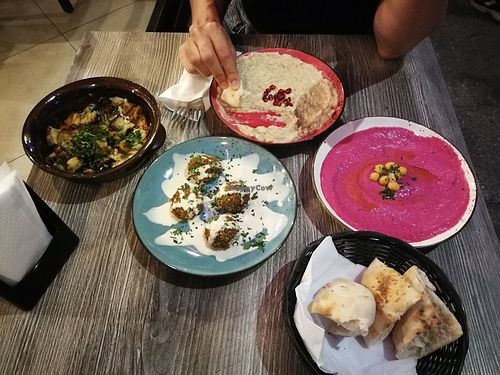 Melanzane di Yafa, Falafel, Moutabbal, beetroot hummus at Yafa in Ferrara