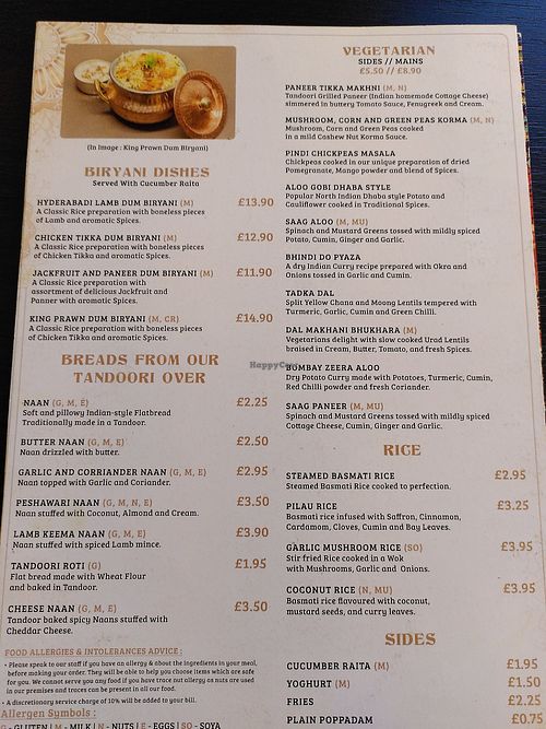 The vegetarian/vegan section of the menu (as of Aug 2021) at Spice Culture in Harrogate