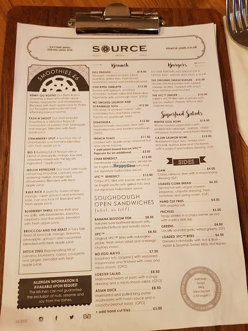 Menu at Source in York