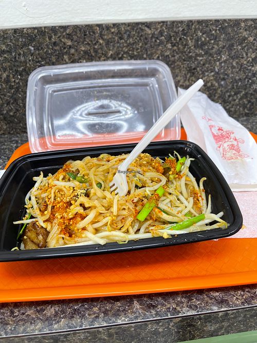 Lunch special vegan friendly pad Thai with mock duck and spring roll at Talay in Staten Island