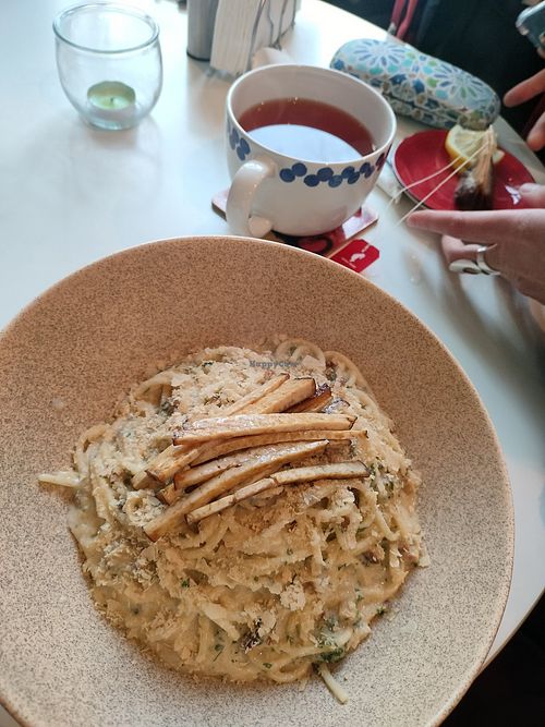 Vegan carbonara with fumed tofu at BUNT Bistro in Cluj-napoca