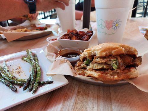 Veg burger, grilled asparagus and sweet potatoes at Groove Burgers in Athens