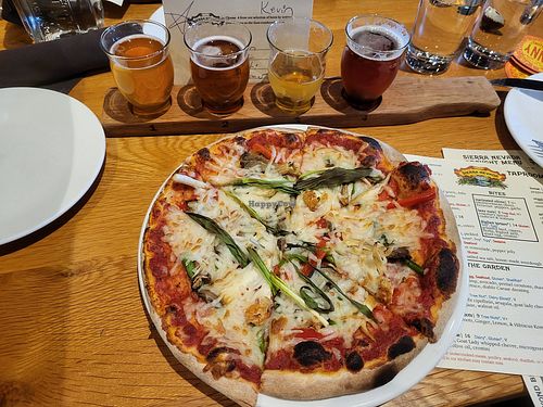 Seasonal Artisnal Pizza (sub marinara for pesto).  3 types of fresh mushroom, aspagus, red pepper, green onion. at Sierra Nevada Brewing Co. in Fletcher
