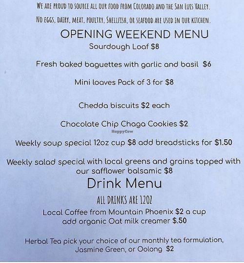 Opening weekend menu at Breads And Botanicals in Saguache