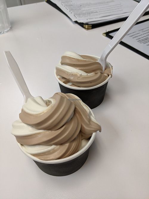 Vegan soft serve flavors: Chocolate, vanilla or swirl at Vegan Eats and Treats Cafe in Glen Rock