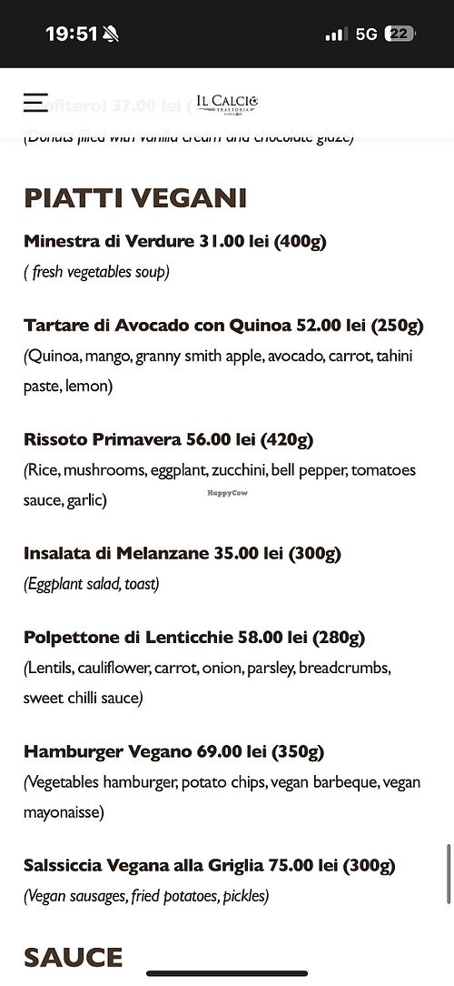 Vegan menu in English  at Il Calcio in Bucharest
