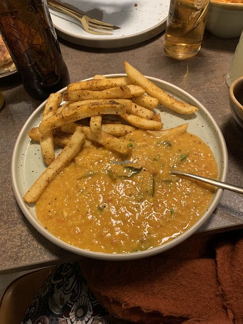 Tarka dahl & masala chips (vegan & gf)  at Tawa Kitchen in Cambridge