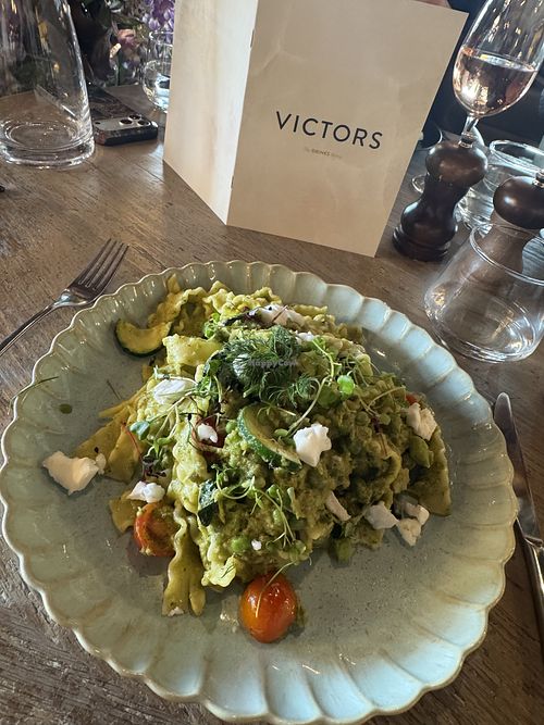 Courgette, asparagus, tomato & feta cheese pastaa  at Victors in Oxford