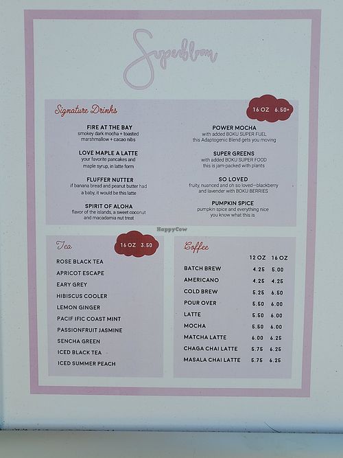 Menu at Superbloom in San Diego