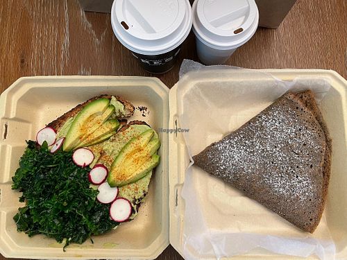 Vegan buckwheat crepe with peanut butter; avocado toast  at PRESS Coffee Crêpes Cocktails in Durham