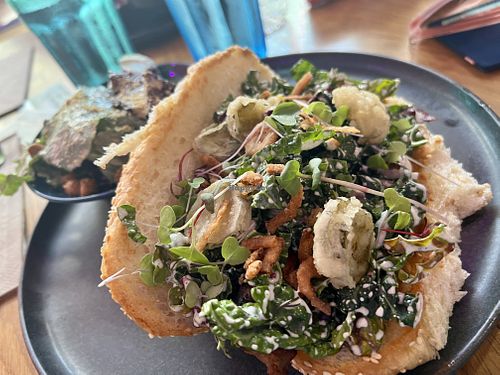 Dill dig with a kale salad side   at Good Dogs Plant Foods in Vancouver