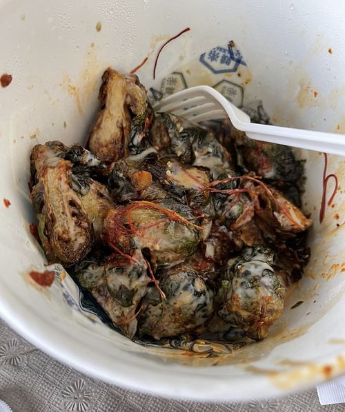 Brussels sprouts salad with the sauce   at Rakkan Ramen in Boulder