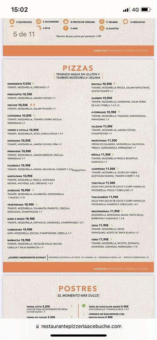 Carta de pizzas  at Pizzeria Acebuche in Vejer De La Frontera