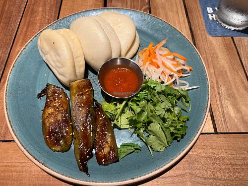 Banh mi buns appetizer (first course) with melt-in-your-mouth eggplant, cilantro and sriracha (we were full after this but it tasted too good to stop eating) at Beach House by Roy Yamaguchi in Kahuku