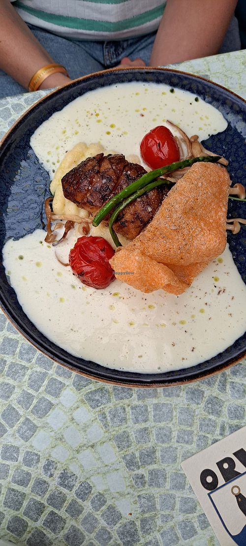 Vegan 'eend'van knolselderij met housinsaus. Wij gaven deze een 10 uit 10. Heel en lekker at Le Val Joli in Tellin