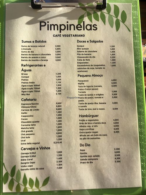 Menu  at Pimpinelas Coffe Shop Vegetariano in Santa Cruz Madeira