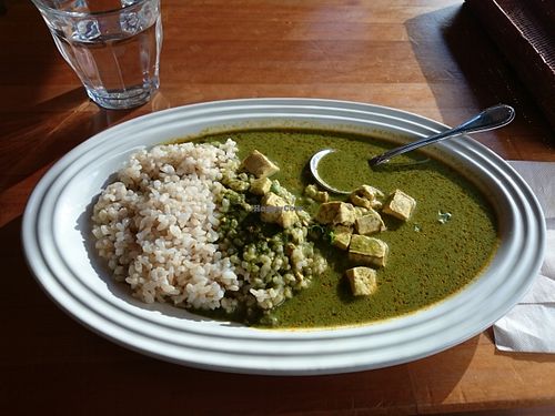 Spinach and Tofu curry with brown rice. Mild and tasty !  at Cafe Atl in Osaka