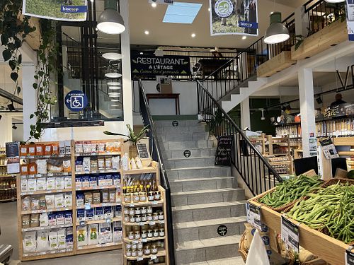 Stairs where you can eat your bar/restaurant meal  at Biocoop in Vannes