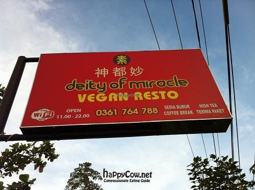 easely visible fromt the main road (500m from Carrefour Mall) at Deity of Miracle Vegan Resto in Kuta