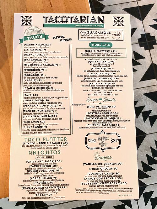 Food menu at Tacotarian in Henderson