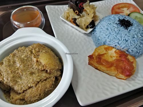 Vegan rendang rice set with monkey head mushroom and potatoes at Loving Nature Fortunate Coffee Cafe in Central Singapore
