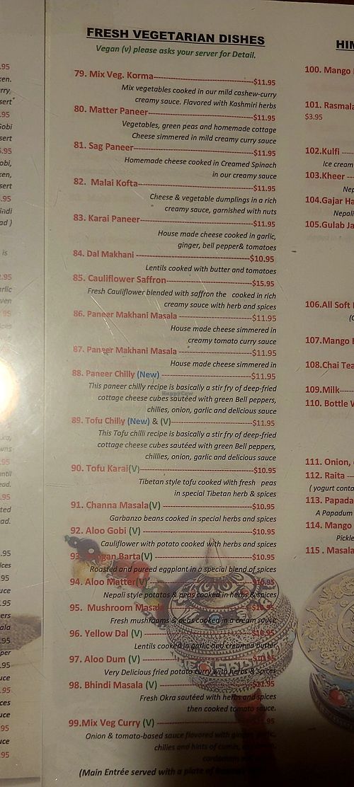 Part of vegetarian and vegan menu at Himalayan Grill in Flagstaff