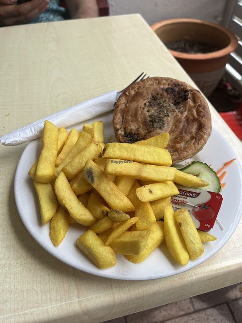 Vegan curried veggie pie and fries  at Shali's Cafe in Montville