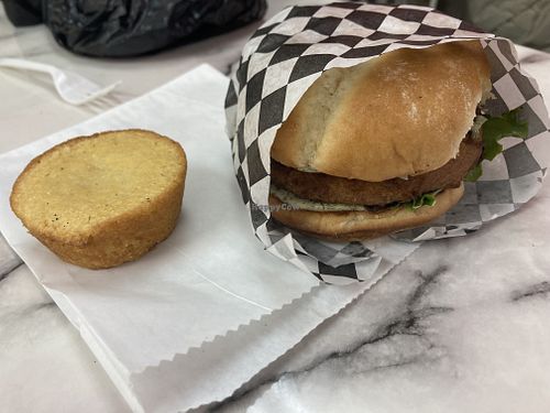 Chickn sandwich and a corn muffin  at Nanas Kitchen in Chandler
