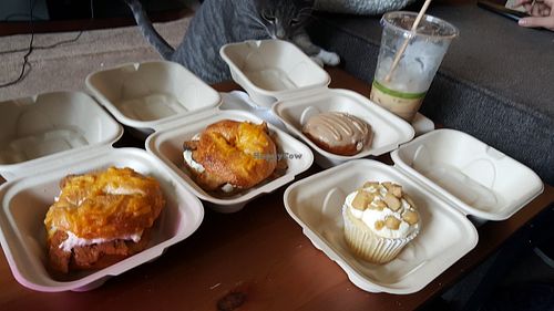 Jalapeño Popper Breakfast Sandwiches, Cookie Dough Cupcake, Doughnut, and Iced Chai Latte at Karma Cream in Gainesville