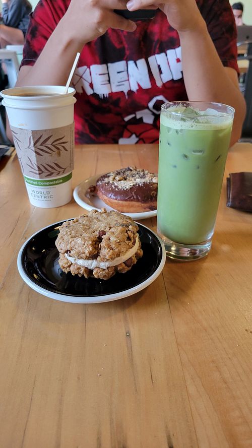 Matcha latte and pastries at Karma Cream in Gainesville